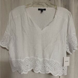 NEW Ellen Tracy Women White Eyelet Trim V-Neck Linen-Blend Top Relaxed Blouse L